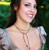 Crystal Lariat in 18K Gold Vermeil Earth shown with the Crystal Dangle Earrings in 18K Gold Vermeil Earth