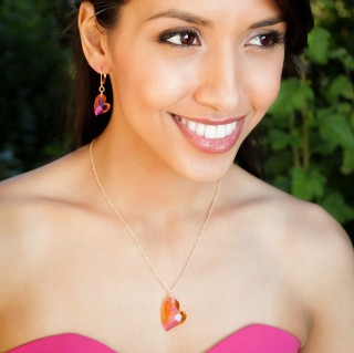 Small Devoted Heart Necklace in 18K Gold Vermeil Astral Pink shown with the Devoted Heart Earrings in Astral Pink.