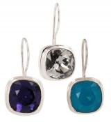 Swarovski Crystal 10mm Cushion Cut Gemstone Earrings (left to right) in Purple Velvet, Black Diamond, Caribbean Blue Opal